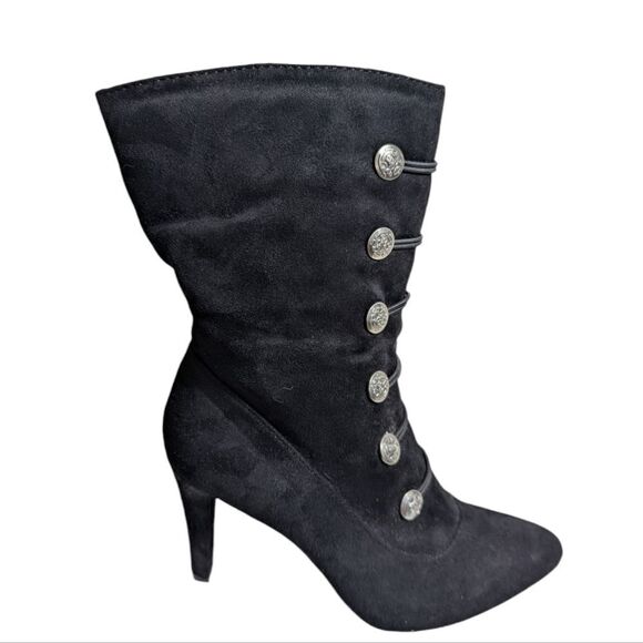 Rialto Black Suede Chung Button Marching Style Mid Calf Hi Heeled Boots - Picture 1 of 10